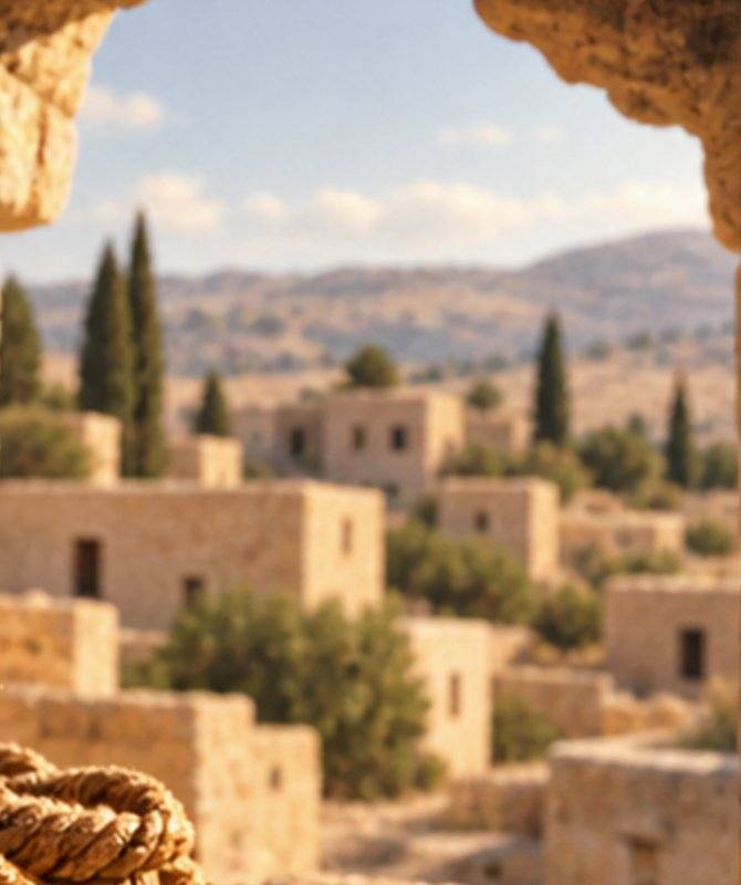 A stone archway looking out over a hillside village of flat-roofed houses and cypress trees